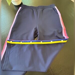 Mira Mikati Navy Wide leg Track Pants with Colorful Stripes & snaps, Size 10